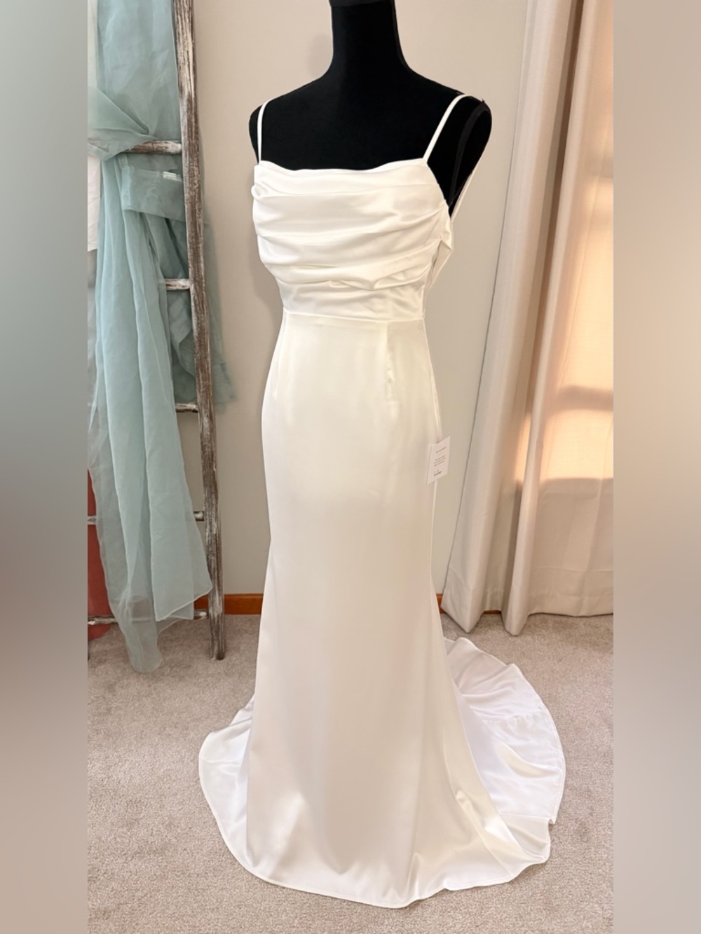 NWT Lulu's White Satin Cowl Open Back Button Details Wedding Dress Medium - Picture 6 of 10